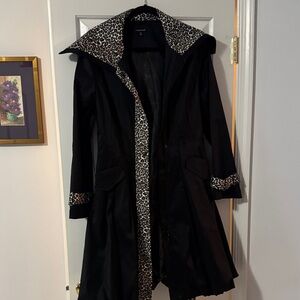 Samuel Dong Black Trench Coat with Leopard Accents